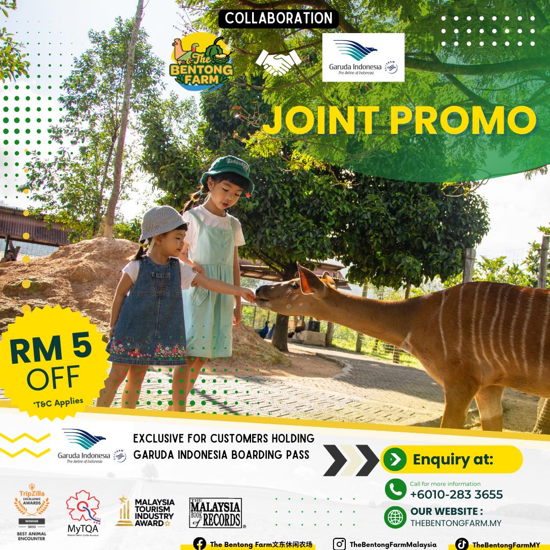 May be an image of 2 people and text that says "COLLABORATION BENTONG BENON FARM The Garuda Indonesia GarudaIndonesia : ወ JOINT JOINTPROMO PROMO RM 5 OFF TOC Applies GarudaIndonesia MATgaN AoMAK BESTANIN.AL ENCOUNTER MALAYSIA TOURISM OURISM INDUSTRY INDUSTR AWARD EXCLUSIVE FOR CUSTOMERS HOLDING GARUDA INDONESIA BOARDING PASS >> > Enquiry at: Cu formalia +6010-283 3655 OUR WEBSITE: THEBENTONGFARM.MY T MALAYSIA KECURDS. ongFarm文东休闲农场 o TheBentongFarmMalaysia ပဲ ThaBentangFarmMY"